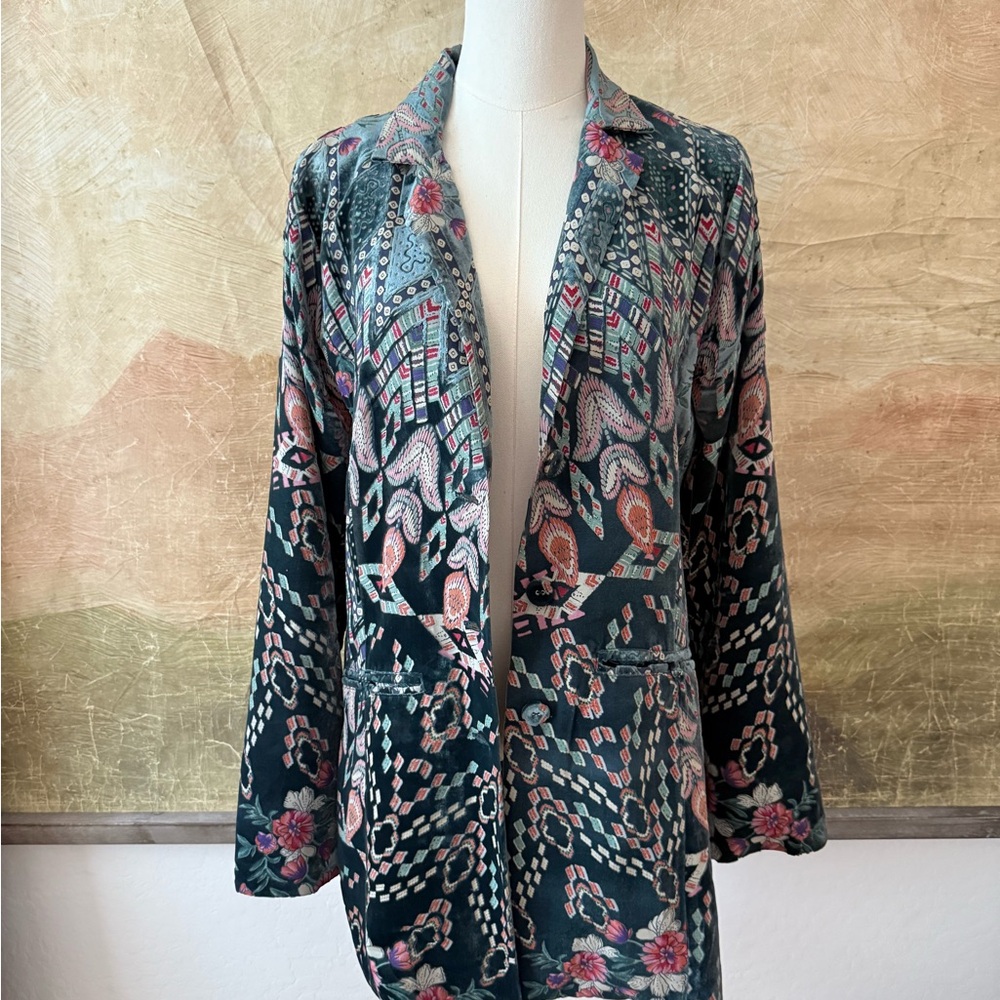 Johnny Was Floral and Geometric Patterned Velvet Blazer